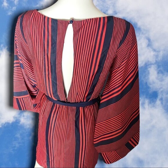 MAUDE Anthropologie Bell Sleeve Striped babydoll Mini Dress Orange & Navy Medium - Picture 13 of 15
